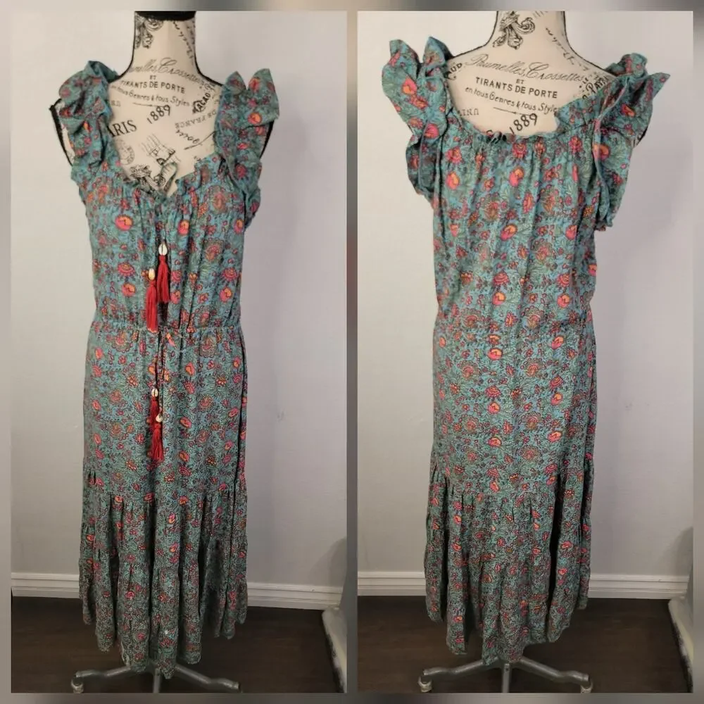 Natural Life Dress Sz S Floral Ruffled Long Midi Tie Waist Boho Cottage Prairie